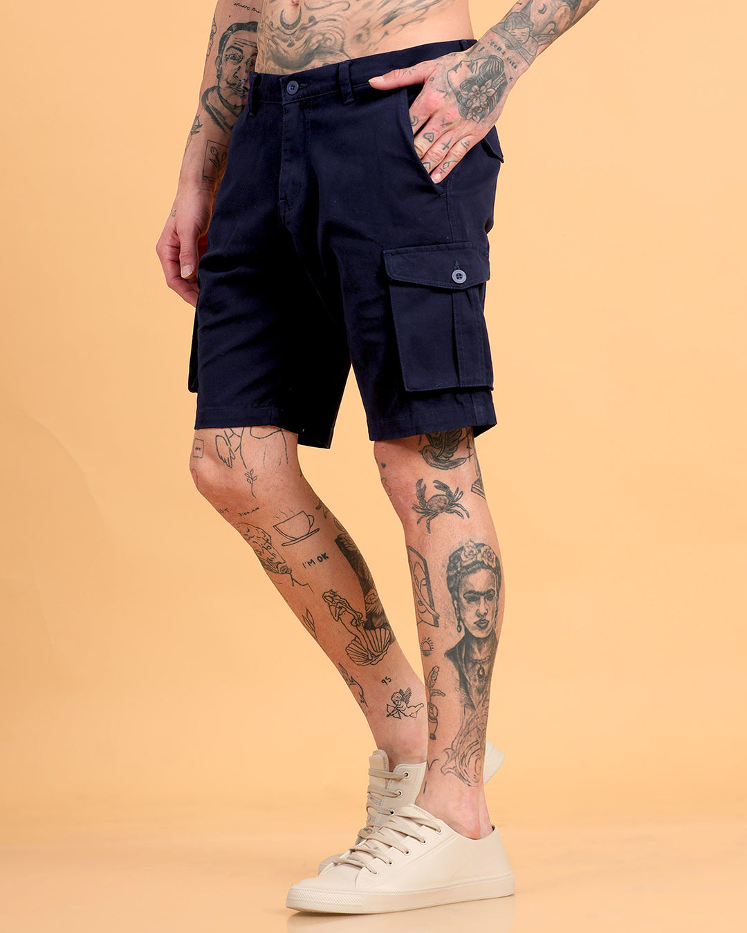 Men's Navy Blue Regular Fit Solid Cargo Shorts