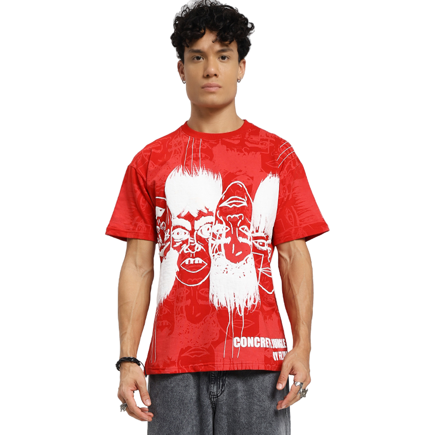 Static Jungle Round Neck Printed Red T-Shirt