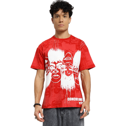 Static Jungle Round Neck Printed Red T-Shirt