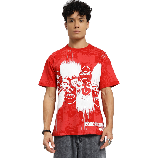 Static Jungle Round Neck Printed Red T-Shirt