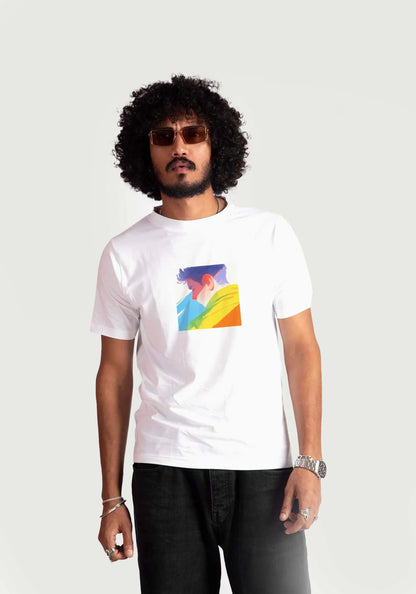 Stylera regular fit white tee with colorful graphic print worn by male model with curly hair and sunglasses