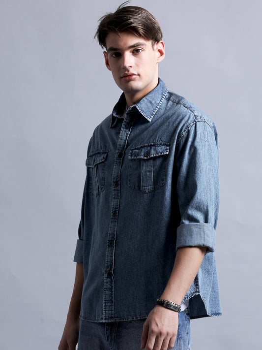 Men's Blue Solid Relaxed Fit Shirt