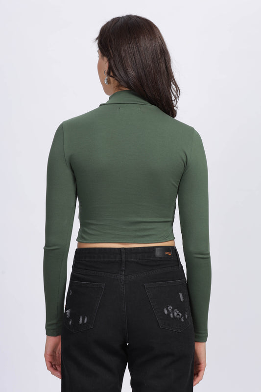 Women's Green Solid Knitted Crop Top