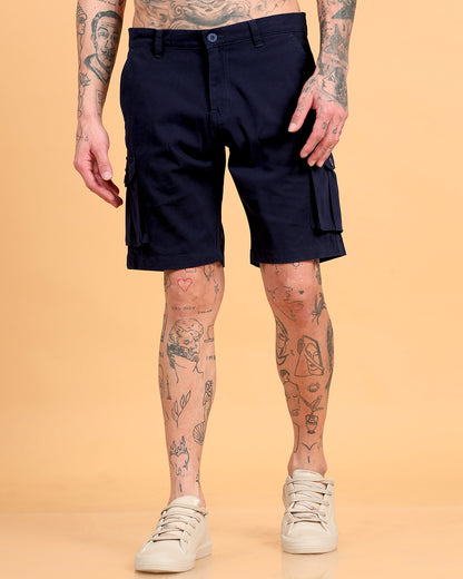 Men's Navy Blue Regular Fit Solid Cargo Shorts