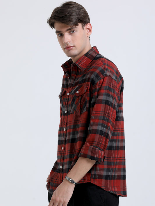 Men's Red Checked Relaxed Fit Shirt