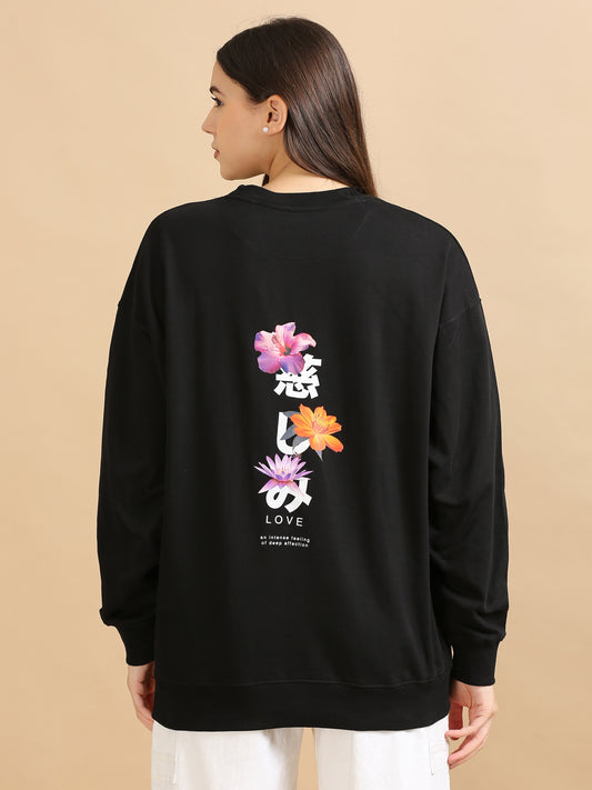 Women's Black Graphic Print Oversized Sweatshirt