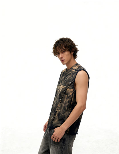 Man wearing a sleeveless camouflage shirt on a white background