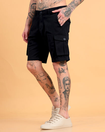 Men's Black Regular Fit Solid Cargo Shorts