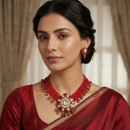 Red Beaded Kundan Floral Choker Necklace And Earrings Set For Women