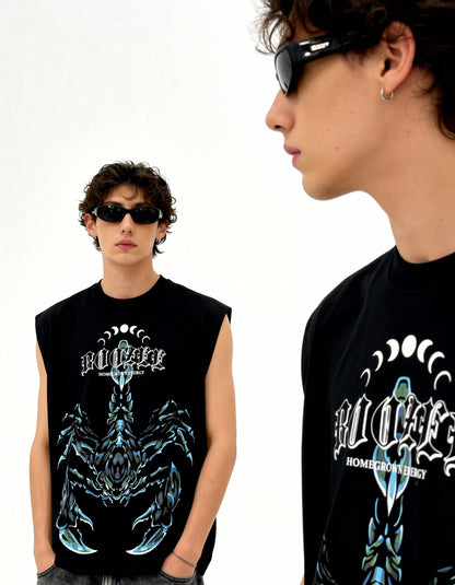 Two people wearing black sleeveless shirts with graphic designs on a white background