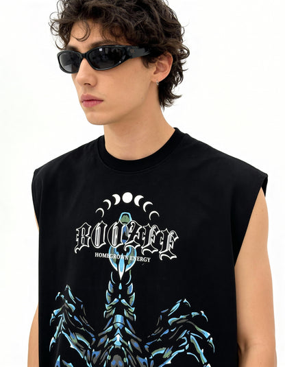Person wearing a black sleeveless shirt with a graphic design and text.
