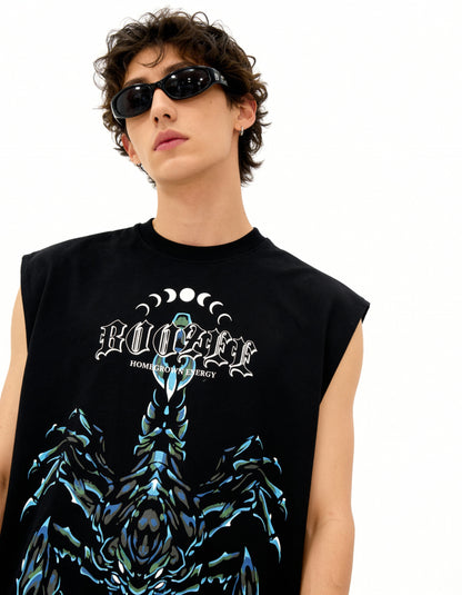 Person wearing a black sleeveless shirt with a graphic design and text.