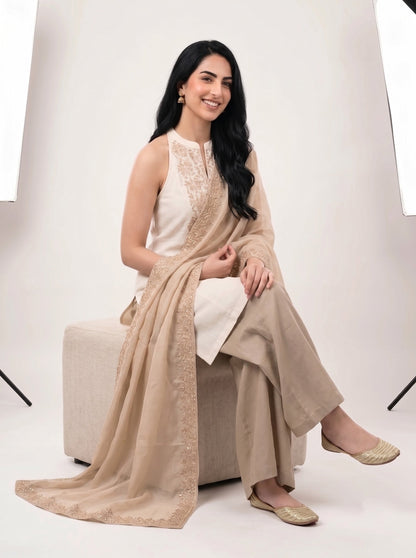 Barara Women’s Beige Embroidered Kurta with Golden Palazzo & Dupatta