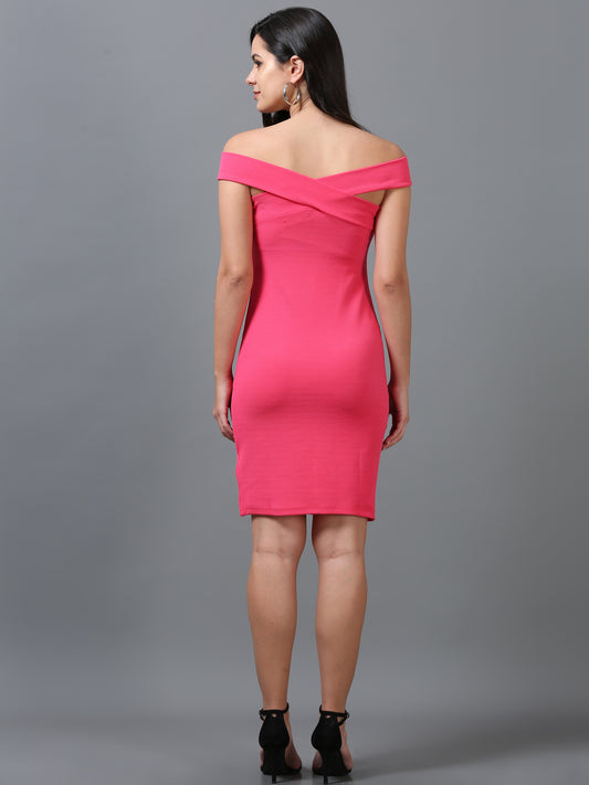 Women's Pink Solid Knitted Knee Length Sheath Sleeveless Dress