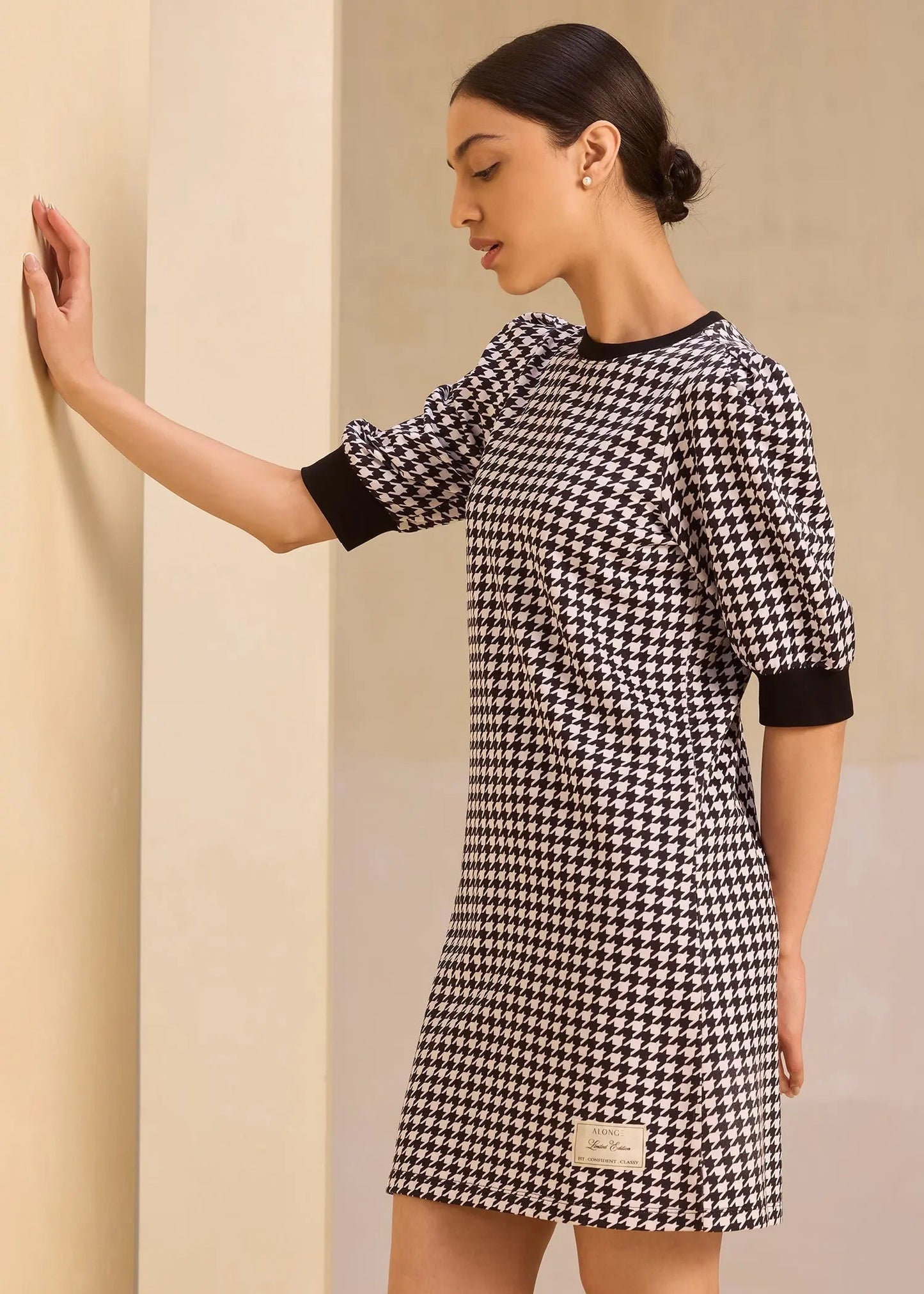 iCotton Houndstooth Pouf Sleeve Dress Alonge
