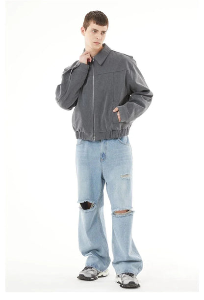 Side profile of sky blue baggy jeans showing the wide leg fit and mid-rise waist.