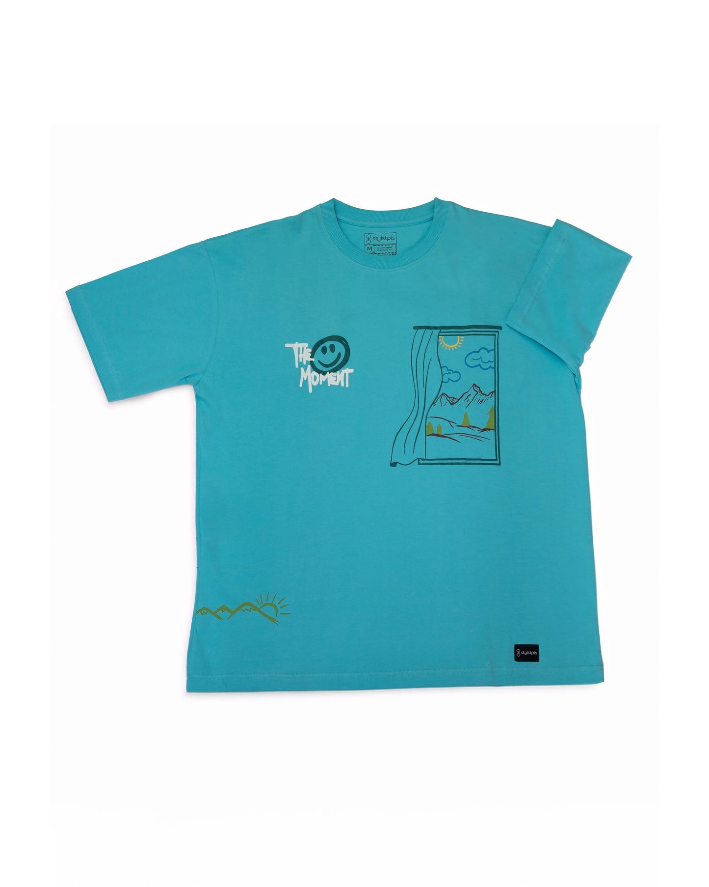 Stylstpls sky blue oversized t-shirt with playful mountain and window graphic design