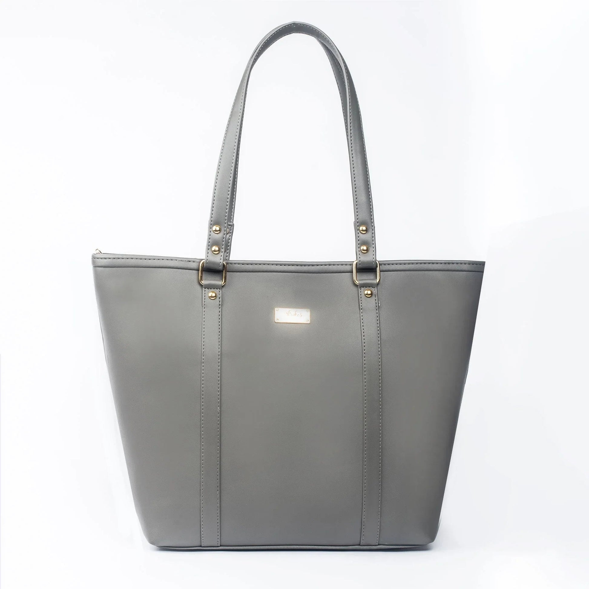 Stylish slate grey tote bag with gold accents and spacious interior for everyday use