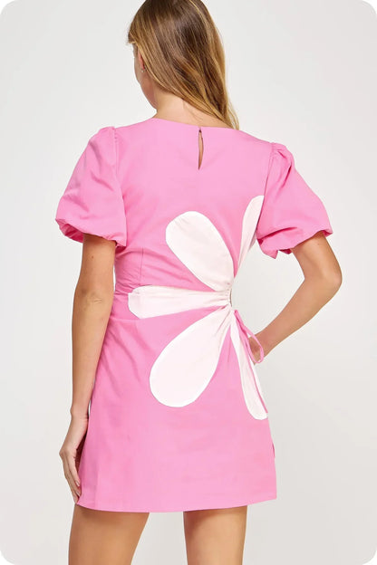 Pink Side Cut Flower Mini Dress