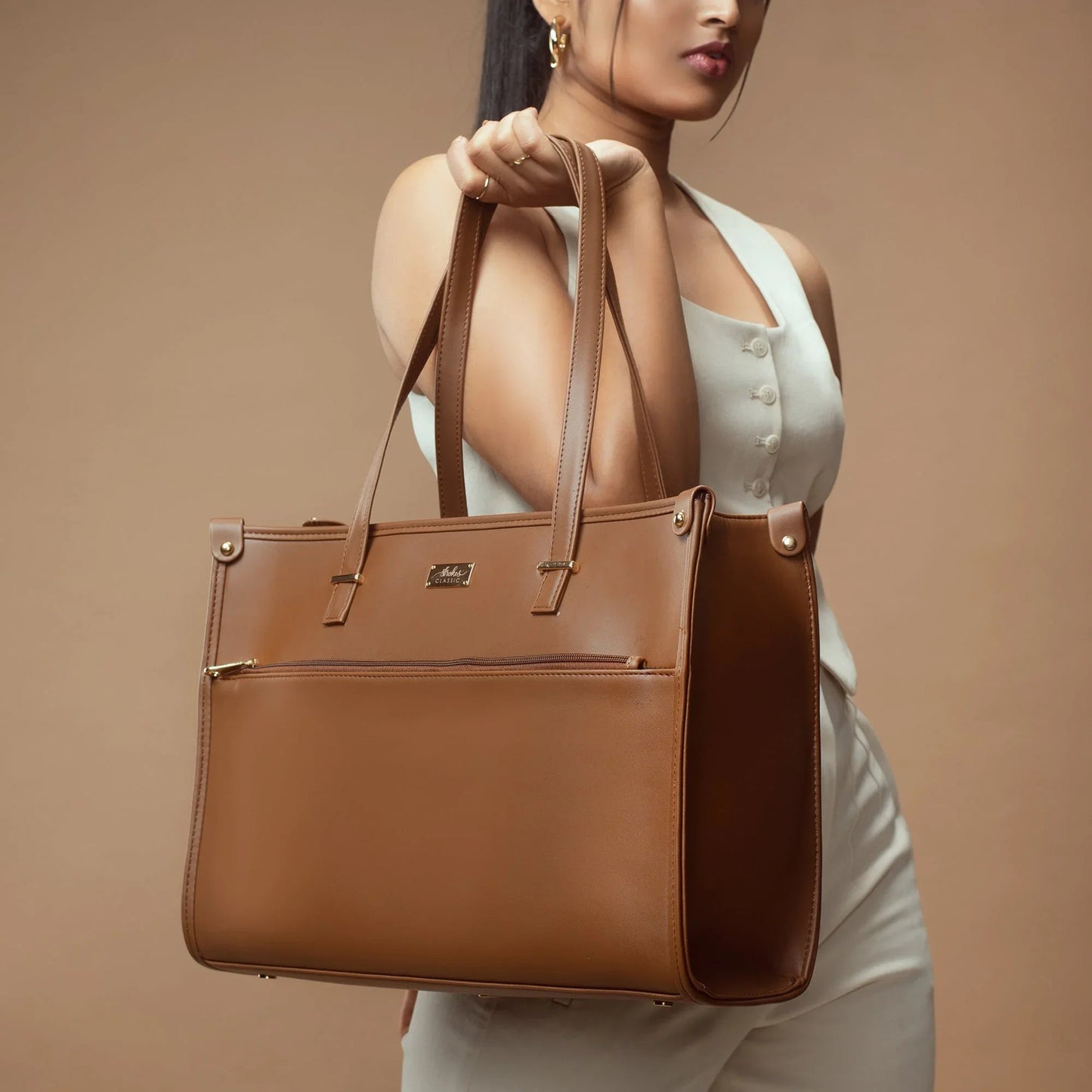 Stylish office tote bag in rich brown color with multiple compartments and durable handles