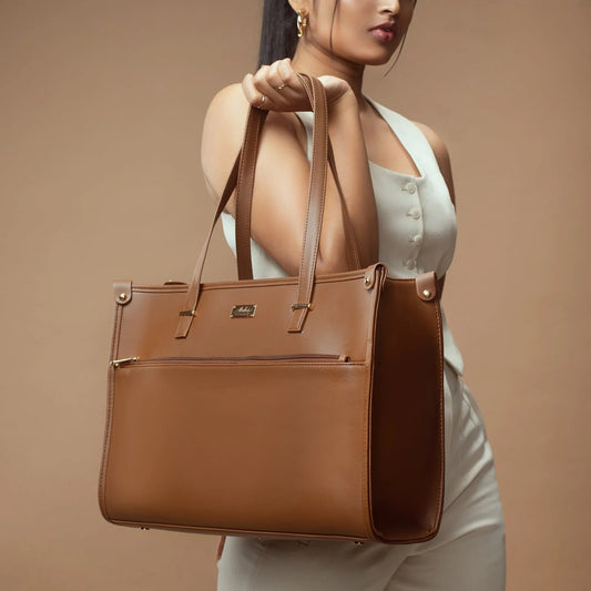 Stylish office tote bag in rich brown color with multiple compartments and durable handles
