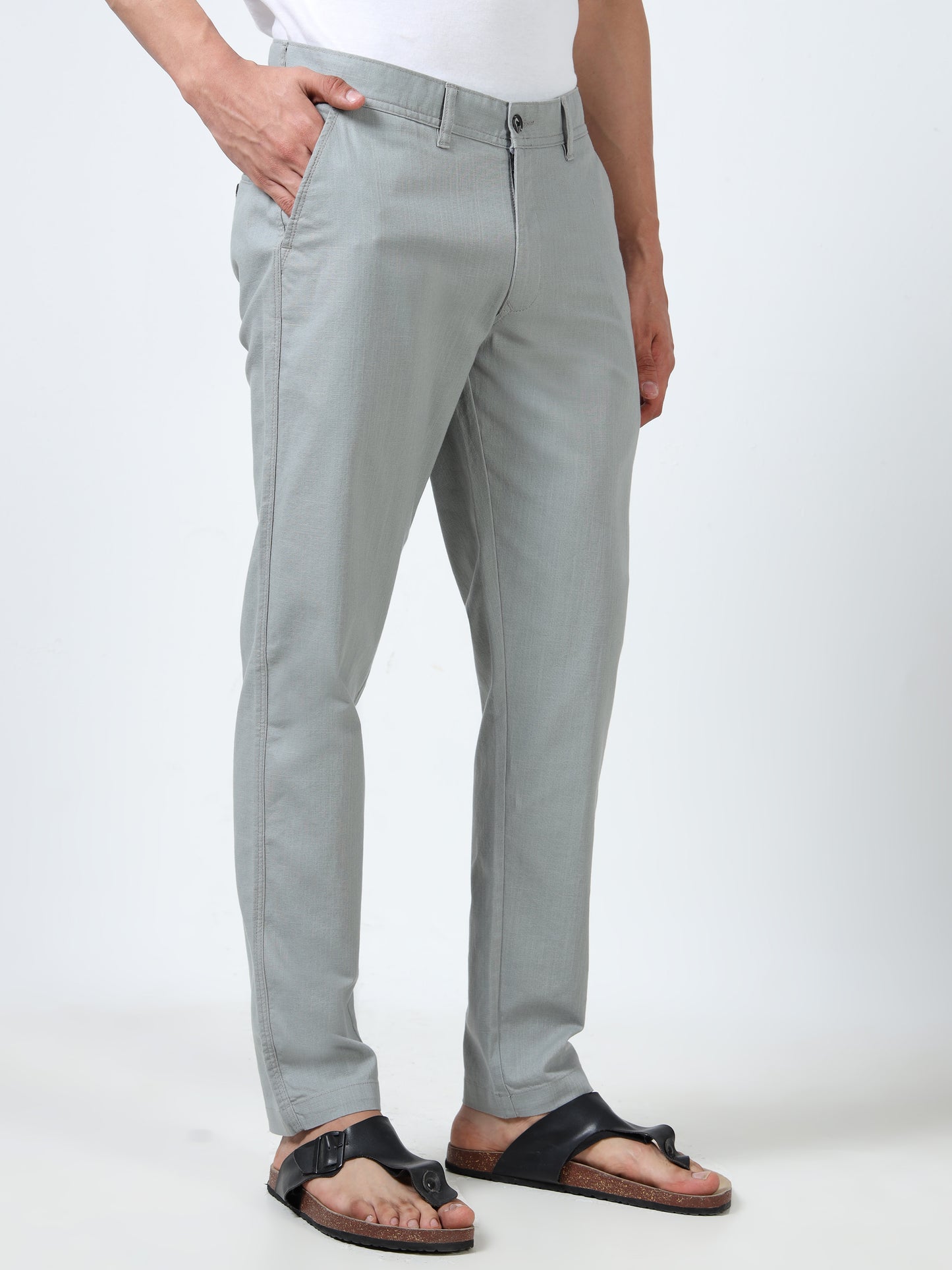 Men's Grey Regular Fit Solid Linen Trousers