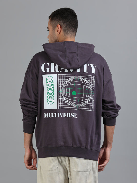Men's Grey Graphic Print Oversized Hooded Sweatshirt