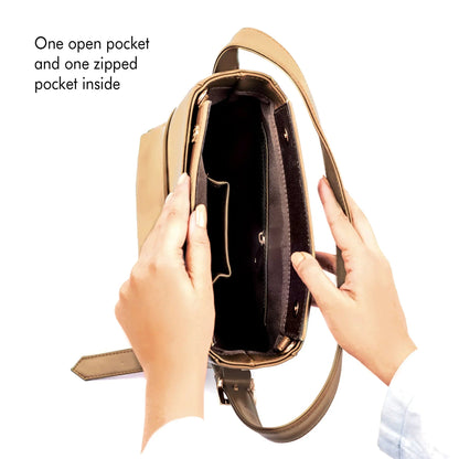 Taupe bucket bag for women with one open pocket and one zipped pocket inside