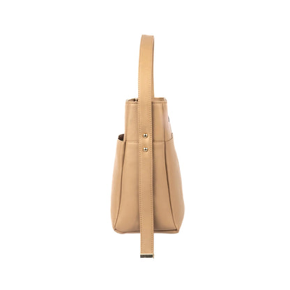 Side view of taupe bucket bag for women by Stylera, featuring a sleek design and comfortable strap