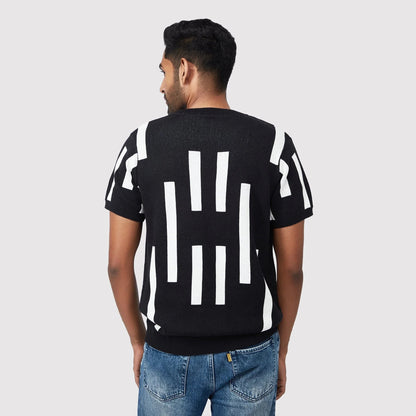 Trendy casual black tee with bold white geometric patterns on the back for a stylish look