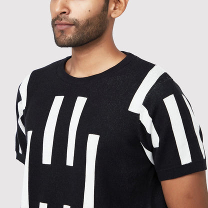 Trendy casual black tee with bold white stripes for a stylish everyday look