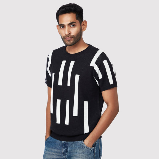 Trendy casual black tee featuring a stylish geometric design for a modern look