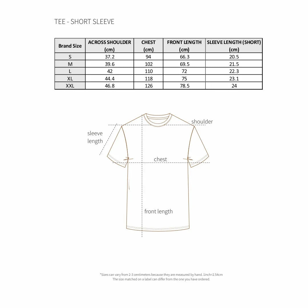 Trendy casual black tee with size chart showing measurements for a perfect fit
