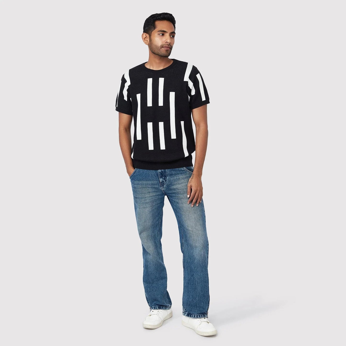 Trendy casual black tee featuring a modern striped design, perfect for stylish everyday wear