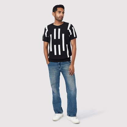 Trendy casual black tee featuring a modern striped design, perfect for stylish everyday wear