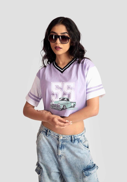 Stylera trendy casual tops for women featuring a purple cropped graphic tee with vintage car print