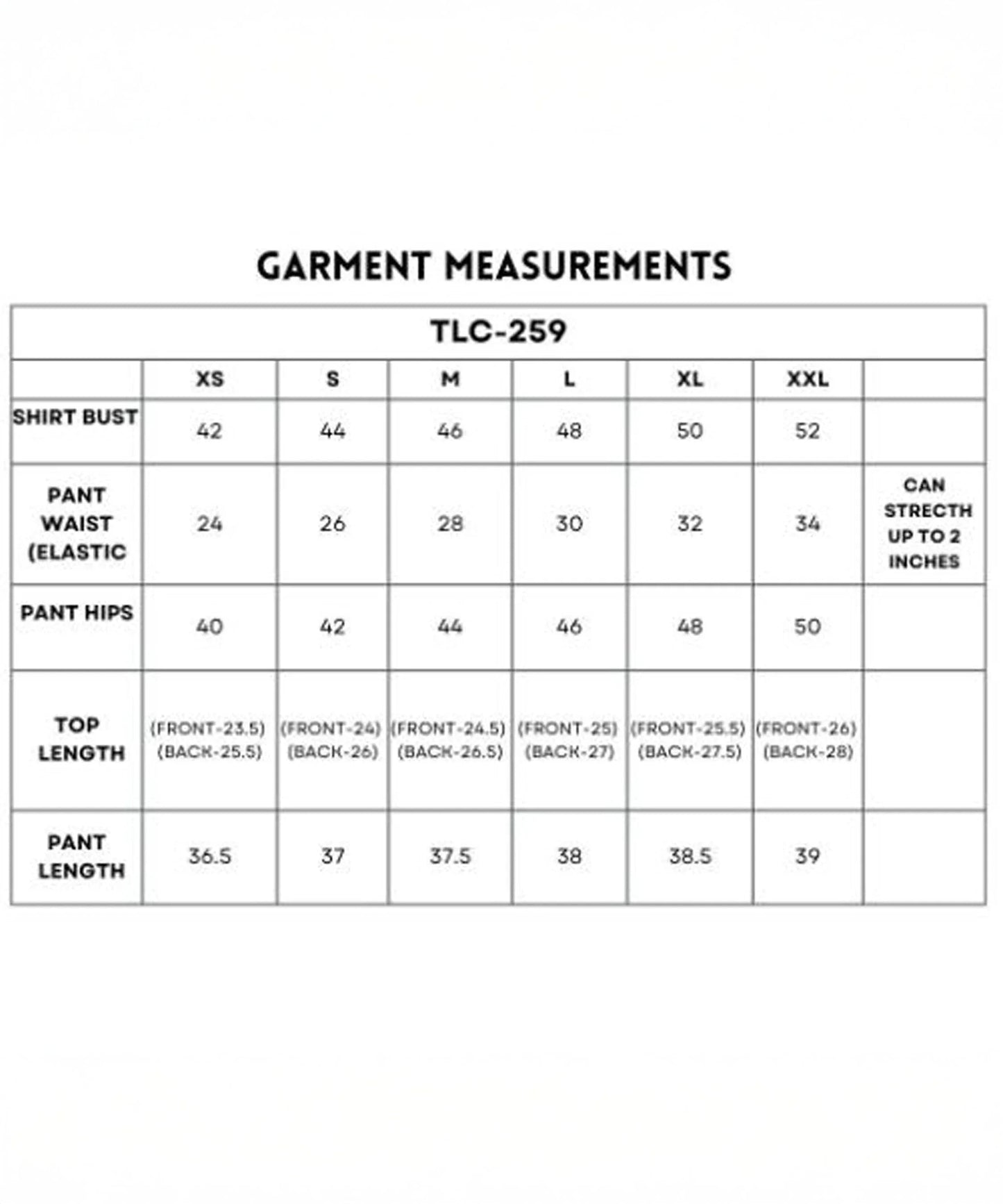 Garment measurement chart for trendy matching outfits for women with sizes XS to XXL