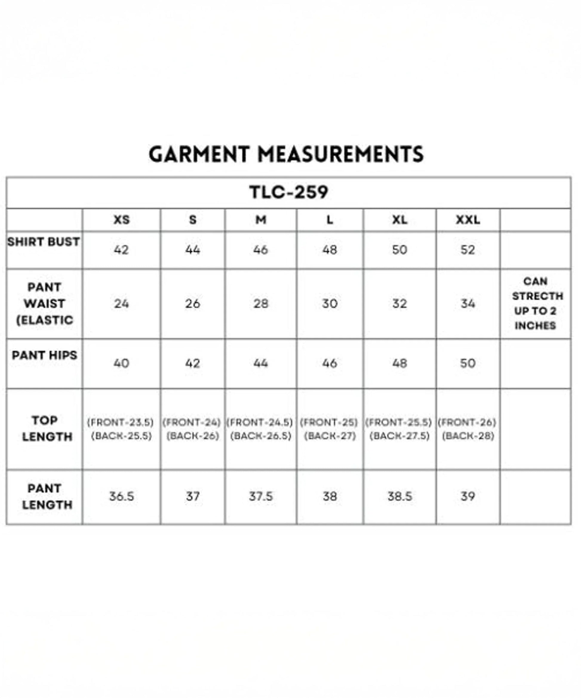 Garment measurement chart for trendy matching outfits for women with sizes XS to XXL