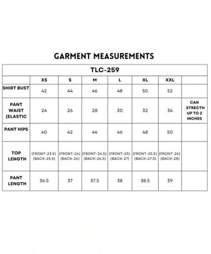 Garment measurement chart for trendy matching outfits for women with sizes XS to XXL