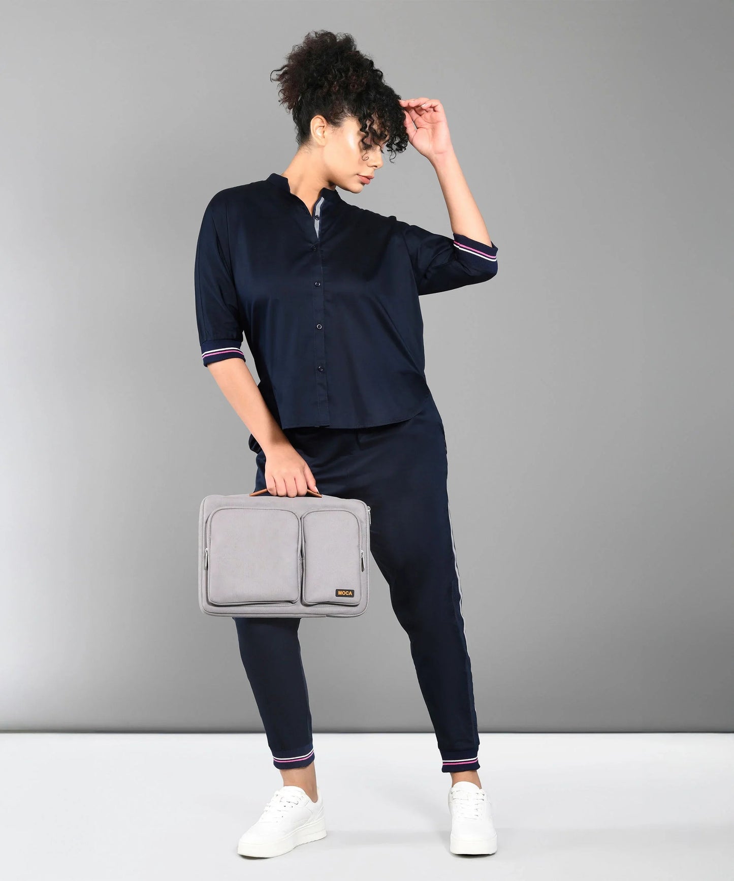 Navy Stylera trendy matching outfits for women with stylish button-up top and fitted pants