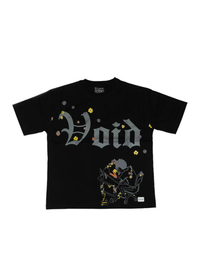 Stylstpls trendy streetwear black t-shirt featuring bold 'Void' graphic and floral designs