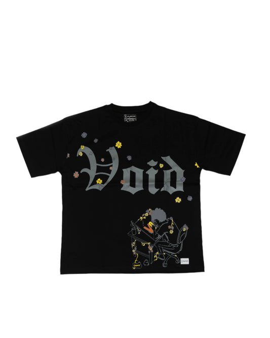 Stylstpls trendy streetwear black t-shirt featuring bold 'Void' graphic and floral designs
