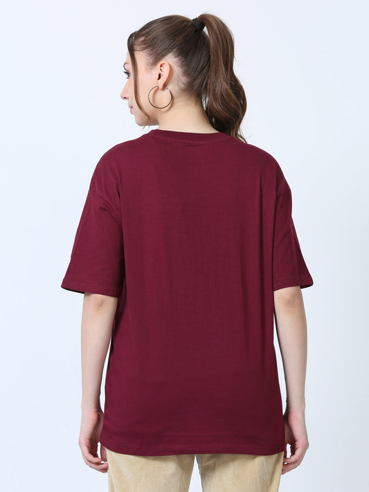 Women's Maroon Solid Knitted Boxy T-Shirt