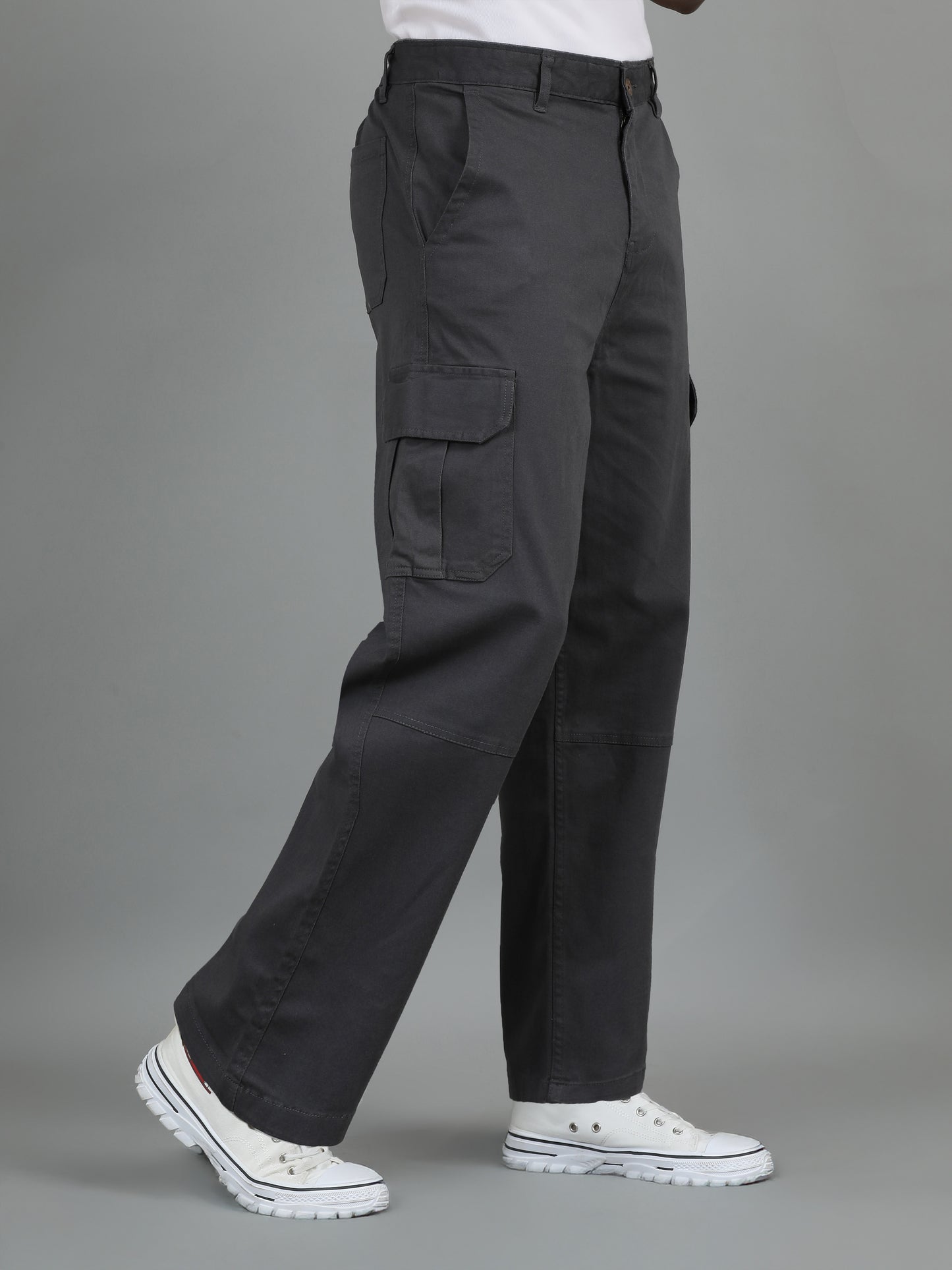 Men's Grey Baggy Fit Solid Cotton Cargo Trousers