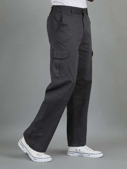 Men's Grey Baggy Fit Solid Cotton Cargo Trousers