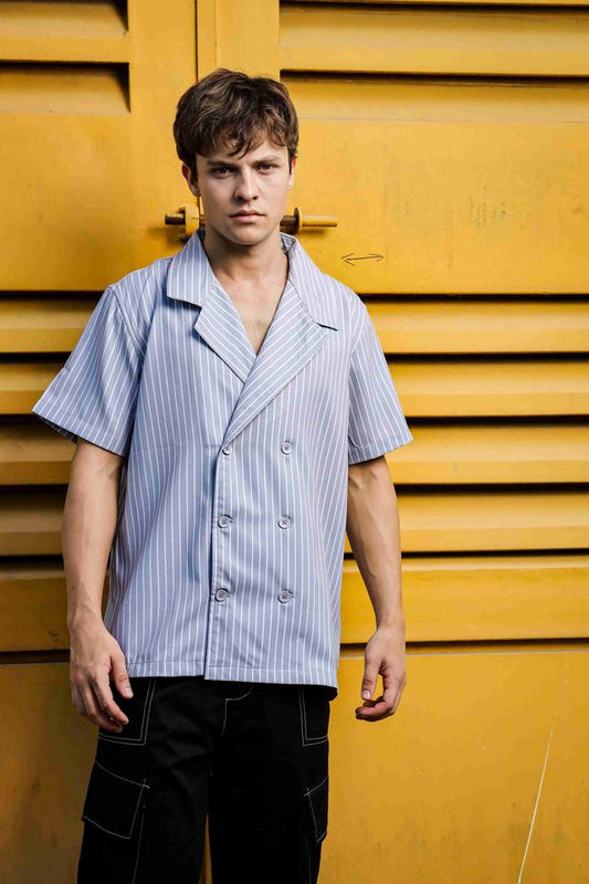 Textured Grey Stripe Korean Notched Lapel Collar Resort Shirt