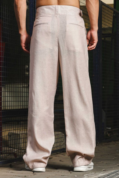 Powder Pink Solid Linen Blend Gurkha Trousers with Double Pleated Front