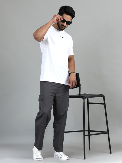 Men's Grey Baggy Fit Solid Cotton Cargo Trousers