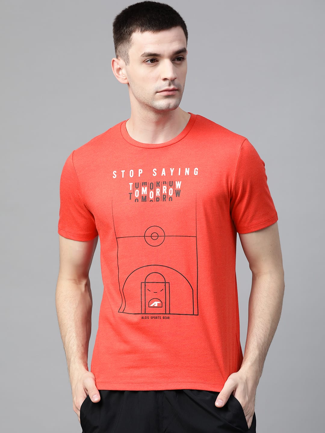 Alcis Men Coral Red  Black Printed Round Neck T-shirt