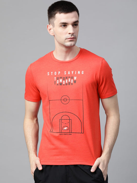 Alcis Men Coral Red  Black Printed Round Neck T-shirt